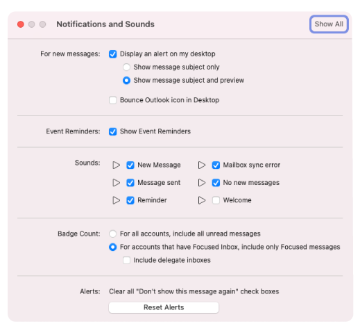 screenshot showing how to adjust notification settings in microsoft outlook