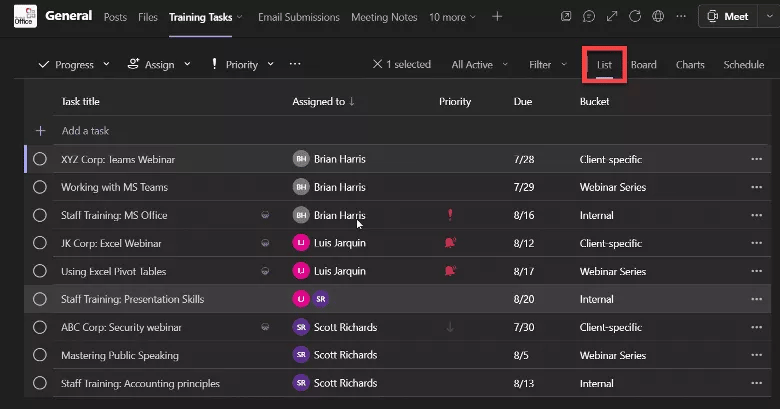 Standard Lists view in Microsoft Teams Tasks By Planner and ToDo