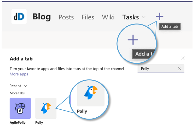 Screenshot showing how to add Polly to a tab in Microsoft Teams