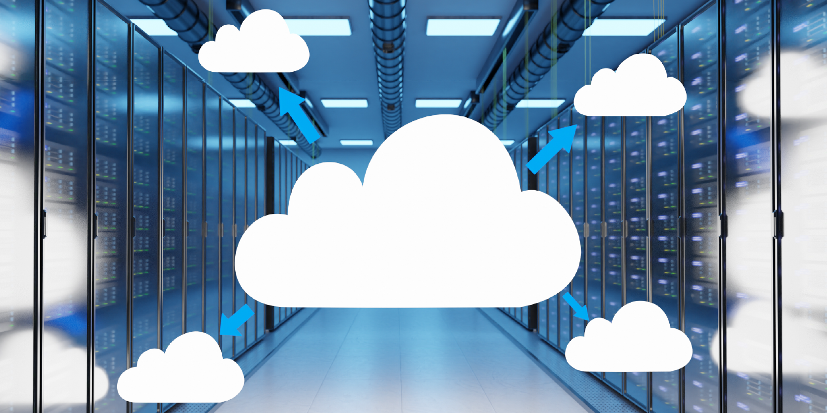 rows of servers in a data center with a cloud symbol overlay