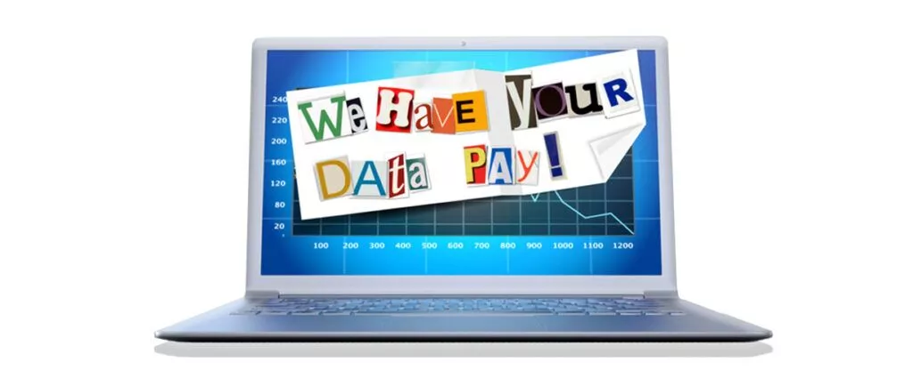 Ransom note on laptop, says "We have your data pay"