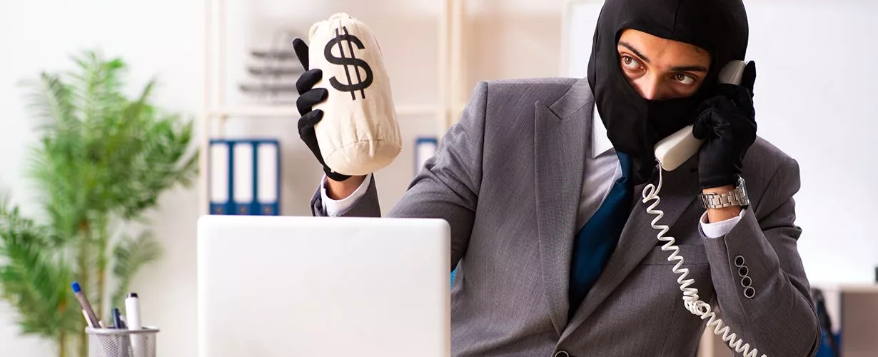 Masked man sitting in front of laptop talking on phone while holding a bag of money.